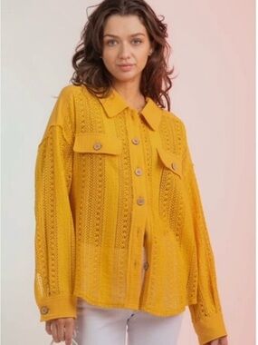 Very J NWT M MARIGOLD Yellow Crochet Button-Down SHACKET  Shirt COVERUP